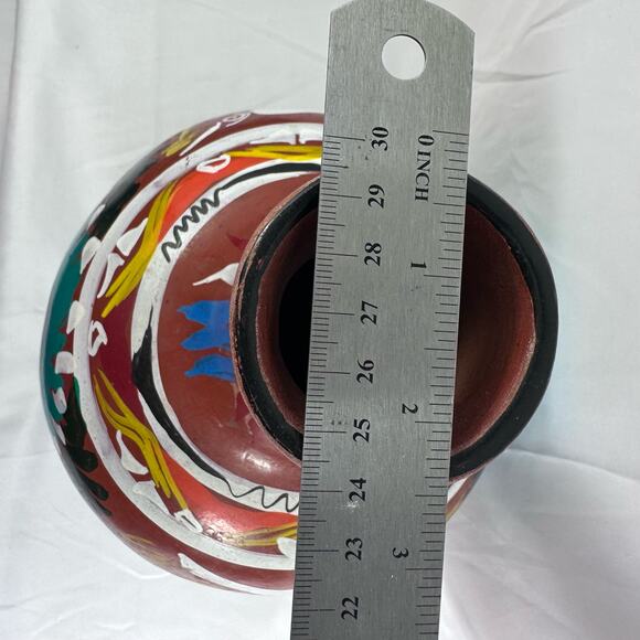 Hand Painted Red Ware Pottery Vessel Decanter Pitcher Jug Folk Art 11.5x8 in - Picture 5 of 12